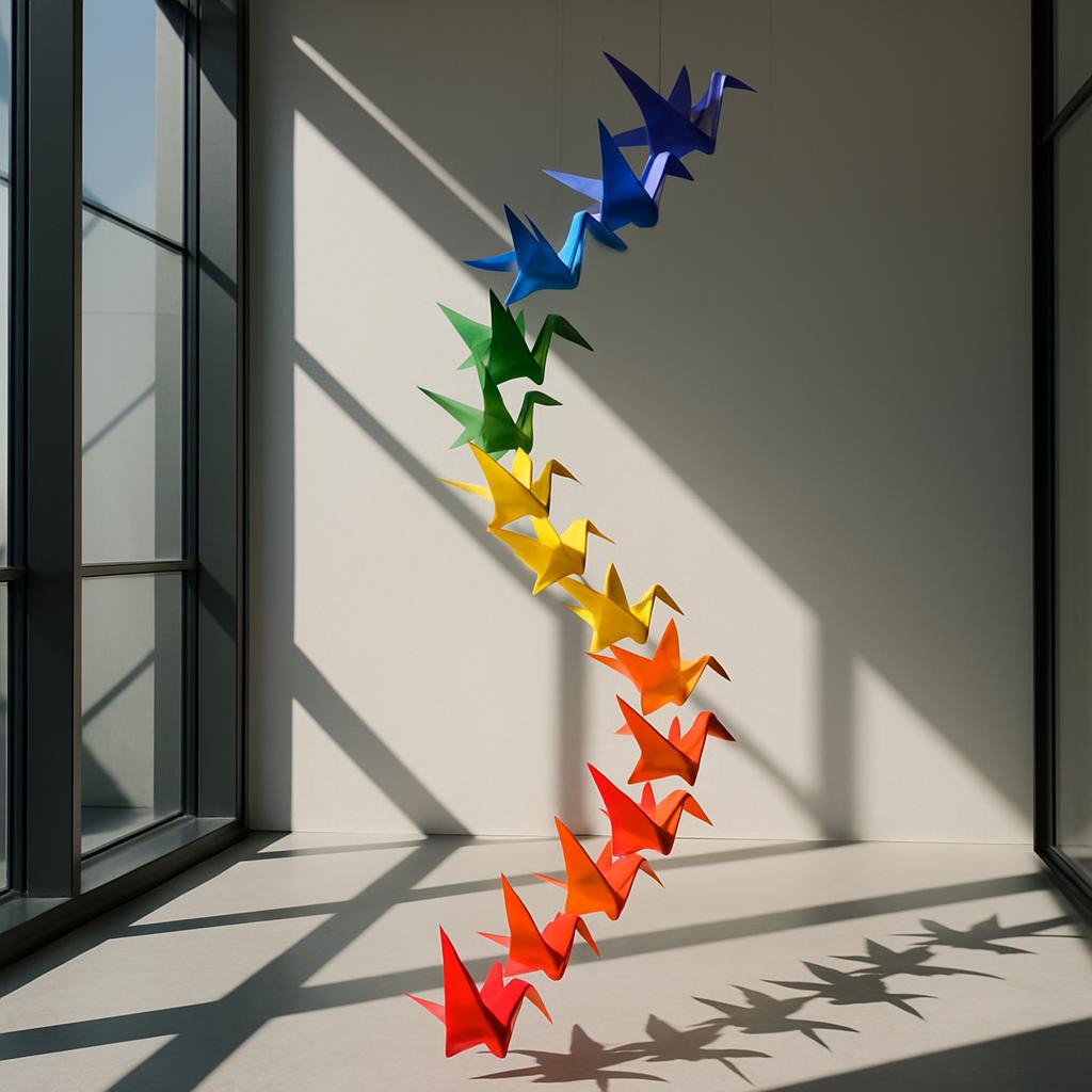 A studio space displays a vibrant mobile sculpture, showcasing a rainbow progression of origami cranes suspended above a c...