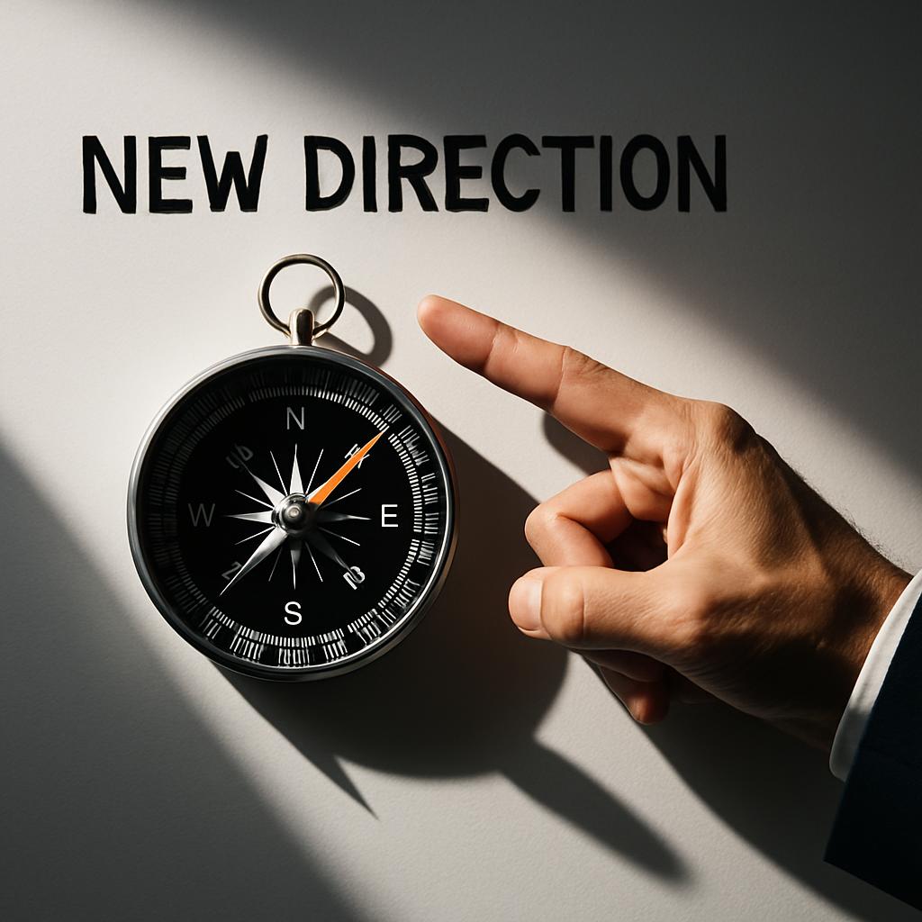 "persona apuntando su brújula con "New Direction" escrito en la pizarra" "Arrow pointing at a compass with "New Direction"...