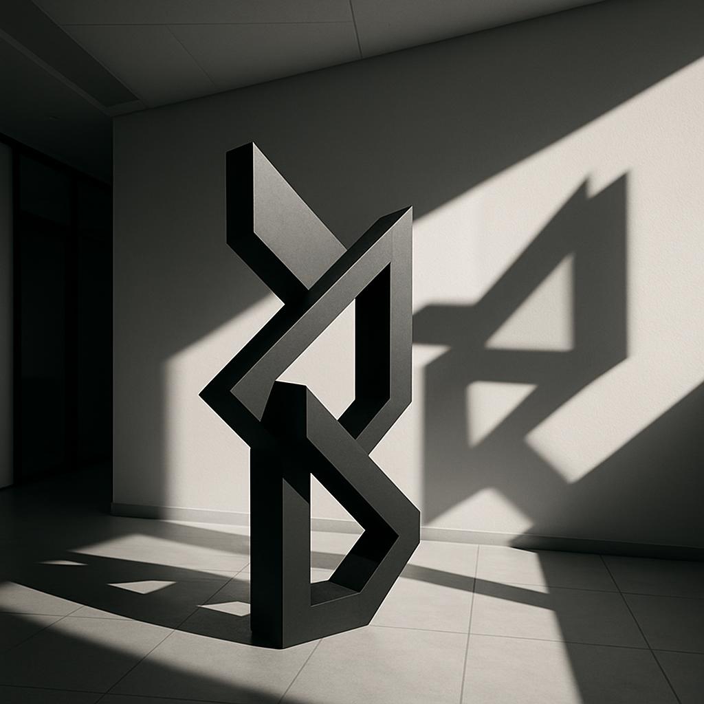 Un diseño de escultura de dos siluetas fundidas en través, apostado entre una luz de rayos cruzados y sus negativos en un ...